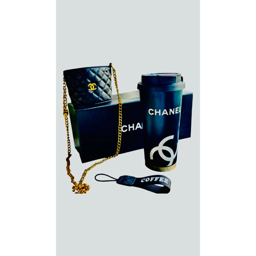 Black & Gold Quilted Water Bottle with Holder One Size